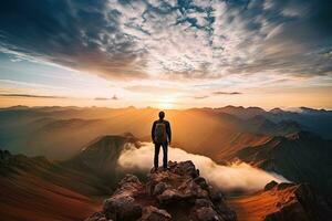 AI generated Man with backpack standing on the edge of a cliff and looking at the sunset, AI Generated photo