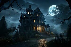 AI generated Halloween background with haunted house and full moon in the forest, AI Generated photo