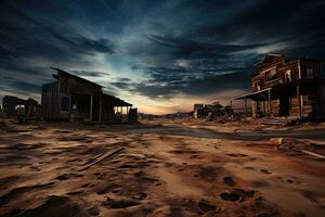 AI generated abandoned house in the desert at sunset with a dramatic sky, AI Generated photo