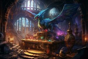 AI generated Dragon in the castle. Fantasy medieval interior. 3D rendering, AI Generated photo