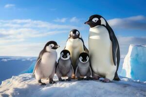 ai generado gentoo pingüinos pigoscelis Papuasia en el hielo témpano de hielo, un familia de pingüinos anadeando terminado un glacial terreno, ai generado foto