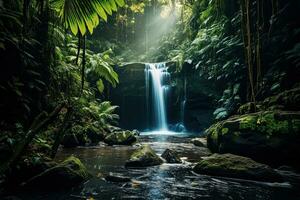 AI generated Tropical waterfall in rainforest at Doi Inthanon National Park, Thailand, AI Generated photo