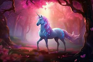 AI generated Magic unicorn in the forest. Fairytale scene. 3D rendering, AI Generated photo