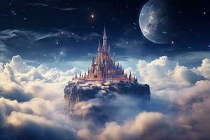 AI generated Fantasy landscape with fantasy castle in the clouds. 3d rendering, AI Generated photo