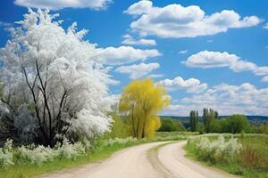 AI generated Spring landscape with willow trees on the road and blue sky with clouds, AI Generated photo