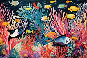 AI generated Underwater scene with coral reef, fish and seaweed. Vector illustration, AI Generated photo
