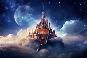 AI generated Fantasy castle in the clouds. Fairytale landscape. 3D rendering, AI Generated photo