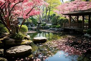 AI generated Japanese garden with cherry blossom trees and pond in spring time, AI Generated photo