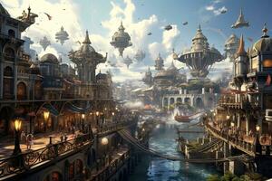 AI generated Fantasy landscape with old buildings and many flying saucers, AI Generated photo