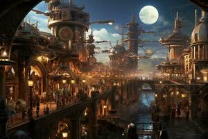 AI generated Fantasy landscape of the old town in the moonlight. 3D rendering, AI Generated photo