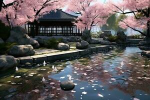 AI generated Japanese garden with cherry blossom trees and pond - 3D render, AI Generated photo