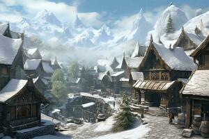 AI generated Fantastic winter landscape with snow-capped mountains and wooden houses, AI Generated photo