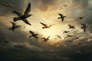 AI generated Seagulls flying in the sky at sunset.3d rendering, AI Generated photo