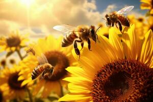 ai generado girasol campo terminado nublado azul cielo fondo, helianthus anual, ocupado abejas coleccionar polen desde un campo de girasoles, ai generado foto