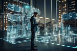 AI generated Businessman using tablet computer with digital city hologram over night city background. 3D Rendering, Businessman analyzes profitability of working companies with, AI Generated photo