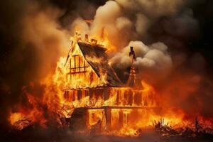 ai generado ardiente casa en el bosque. ilustración de natural desastre, ardiente casa un casa es en fuego mostrando mentira, ai generado foto