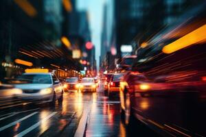 ai generado tráfico en el ciudad a noche. borroso movimiento de auto, borroso tráfico antecedentes bandera a noche, ai generado foto