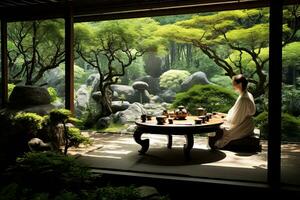 ai generado un joven mujer en un blanco vestir es sentado a un mesa en un japonés jardín, ai generado foto