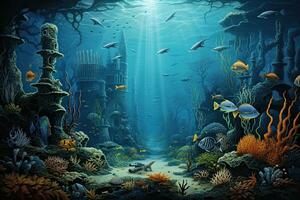 AI generated Underwater scene with corals and tropical fish. 3d render, AI Generated photo