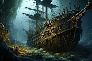 AI generated Beautiful underwater world with old ship. 3d render illustration, AI Generated photo