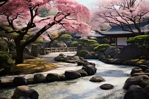 ai generado Cereza florecer en japonés jardín con estanque y Roca puente, ai generado foto