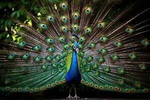 AI generated Beautiful peacock with colorful feathers in the park. Close-up, AI Generated photo