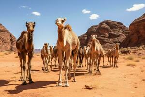 AI generated Camels in the desert of Wadi Rum, Jordan, Middle East, Camels in Wadi Rum desert, Jordan, photographed on a summer day, AI Generated photo
