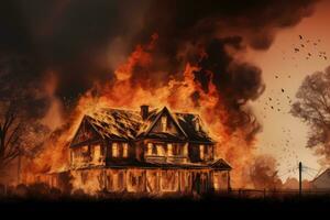 AI generated Burning house in the village at night. Fire in the house, Burning house A house is on fire displaying flam, AI Generated photo