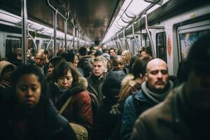 ai generado personas de viaje en un subterraneo coche. pasajeros dentro el subterraneo auto, ai generado foto