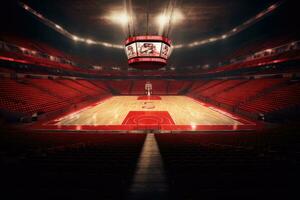 ai generado 3d hacer de un Deportes arena con focos y rojo asientos, ai generado foto