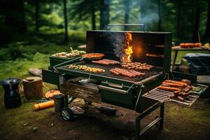 ai generado interrogatorio intenso salchichas en parilla parrilla en el bosque. picnic en naturaleza, ai generado foto