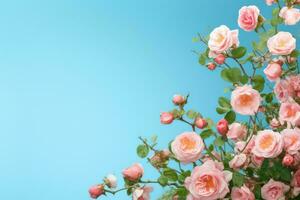 AI generated Bouquet of pink roses on a blue background with copy space, AI Generated photo