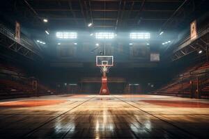 AI generated Empty basketball court with lights and wood floor. 3D Rendering, AI Generated photo