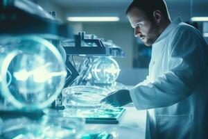 AI generated scientist working with microscope in laboratory, science research and development concept, Biologist Working in a Professional IVF Laboratory, AI Generated photo