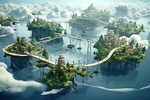 AI generated Fantasy landscape with bridge over the river. 3d render illustration, AI Generated photo