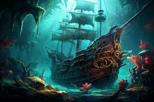 AI generated Pirate ship in the sea. 3d illustration. Fantasy, AI Generated photo