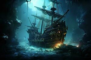 AI generated Pirate ship in the sea. 3D rendering. Fantasy, AI Generated photo