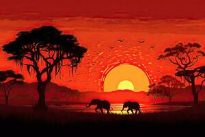 AI generated Elephants in the savanna at sunset, vector illustration, AI Generated photo