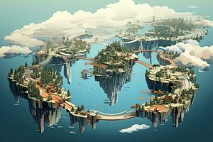 AI generated Fantasy landscape with mountains, river and bridge. 3D rendering, AI Generated photo