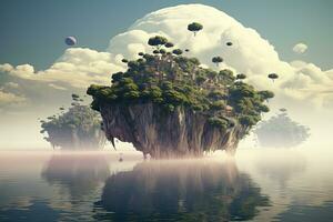 AI generated Fantasy island in the sea with a tree and moon in the background, AI Generated photo