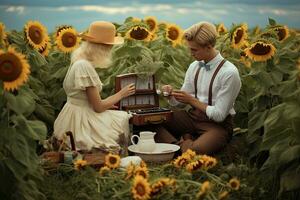 ai generado joven Pareja en amor sentado en el campo de girasoles y jugando el piano, ai generado foto