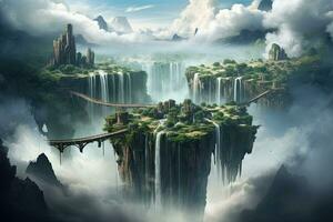 ai generado fantasía paisaje con cascada y puente en el nubes 3d representación, ai generado foto