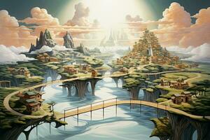 AI generated Fantasy landscape with bridge over the river. 3d render illustration, AI Generated photo