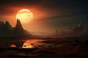 AI generated Alien Planet - 3D Rendered Computer Artwork. Rocks and Moon, AI Generated photo