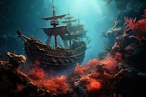 AI generated Underwater view of a sunken pirate ship on the coral reef, AI Generated photo