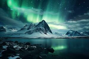 AI generated Aurora borealis over snowy mountain range in the northern lights, AI Generated photo