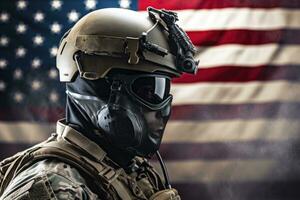 ai generado americano soldado en militar uniforme y gas máscara en americano bandera fondo, ai generado foto