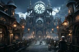 AI generated Mystical halloween scene with giant clock at night. 3D rendering, AI Generated photo