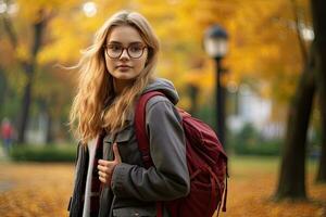AI generated portrait of a young woman with a backpack in the autumn forest, AI Generated photo
