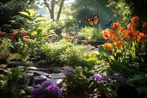 ai generado mariposa en un flor cama en un hermosa jardín configuración, ai generado foto